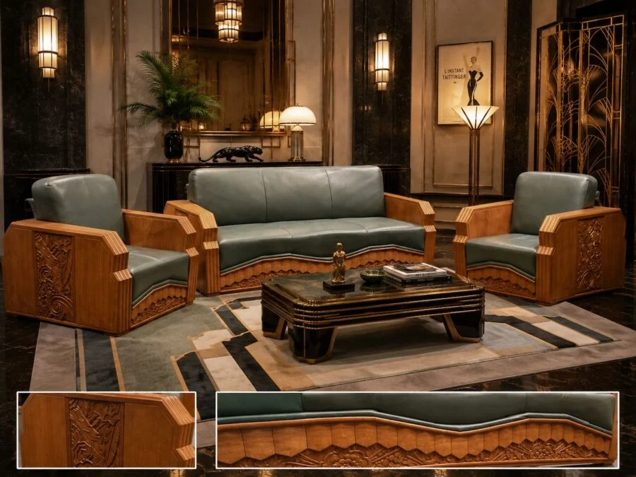 Art Deco living room set with green leather sofa and armchairs with carved wood frames