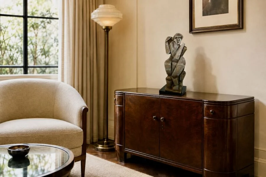 Elegant living room corner with armchair, wooden sideboard, and modern sculpture