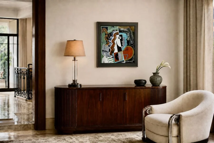 Elegant living room interior with wooden sideboard, modern art, table lamp, and cream armchair