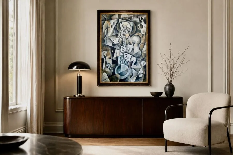 Modern living room with abstract framed painting above dark wood sideboard