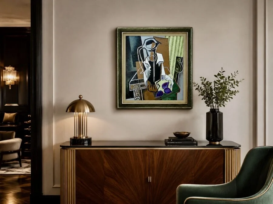 Framed abstract painting hanging above a wooden sideboard with brass lamp, books, and vase in a modern living room