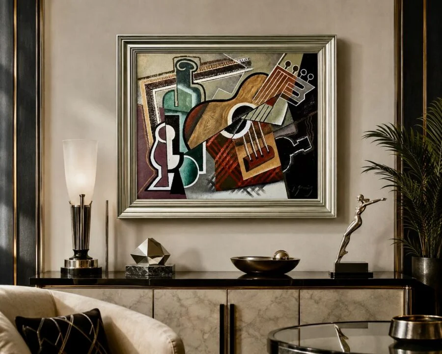 Framed abstract cubist painting of a guitar hanging above a modern sideboard in an elegant living room