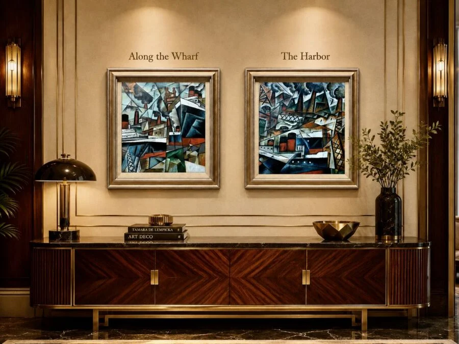 Elegant interior with two framed abstract harbor paintings above a wooden sideboard