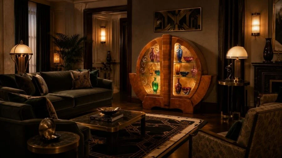 Luxurious art deco living room with illuminated circular cabinet displaying colorful glass vases