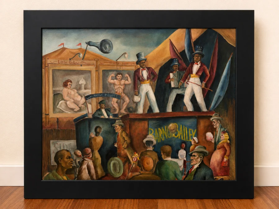 Framed painting of a vintage Barnum & Bailey circus sideshow with performers on stage and audience below