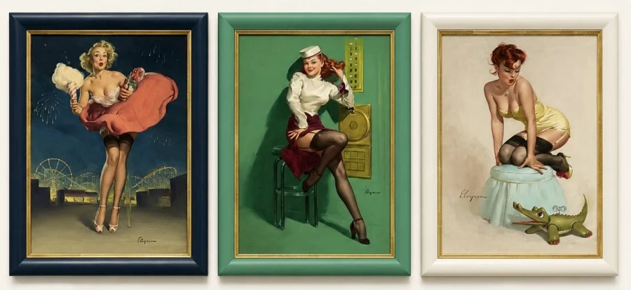Three framed vintage pin-up paintings of women in playful poses on a light background wall