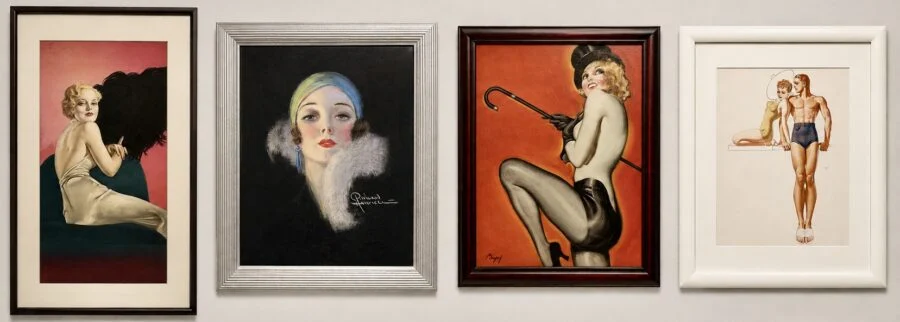 Four framed vintage pin-up style illustrations of men and women hanging on a wall
