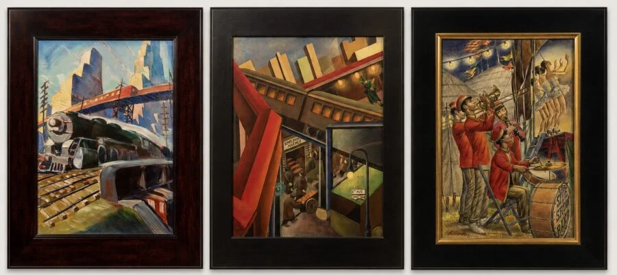 Triptych of three framed paintings depicting a speeding train in a city, a crowded urban subway scene, and a jazz band playing beside dancers at a carnival sideshow.