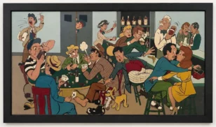 cartoon illustration of a crowded bar scene with people playing cards, drinking, arguing, and flirting