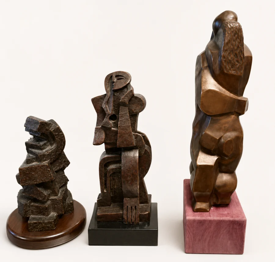 Three abstract cubist-style bronze sculptures displayed on separate bases against a plain background