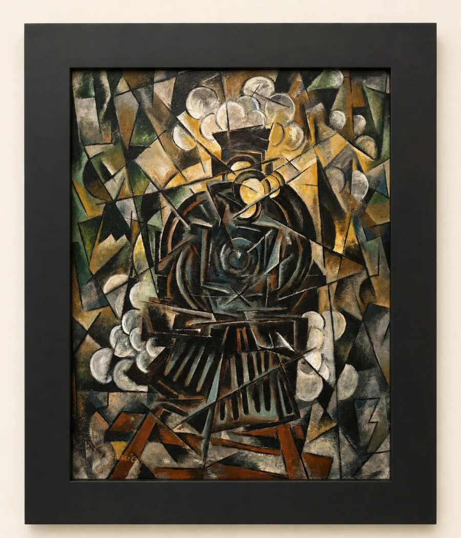 Cubist painting of a steam locomotive with geometric shapes and smoke, framed in black
