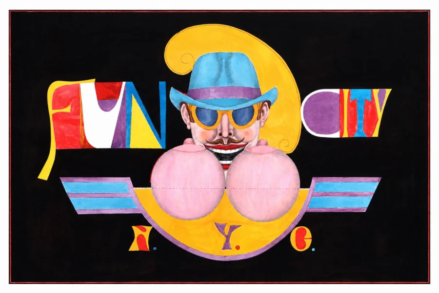 Colorful pop-art illustration reading “FUN CITY N.Y.C.” with a stylized man in sunglasses and hat over abstract pink circles on a black background
