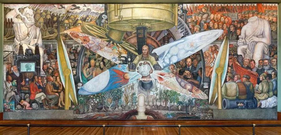 Large mural painting depicting a central figure operating industrial machinery surrounded by crowds, statues, and scenes of war, science, and nature