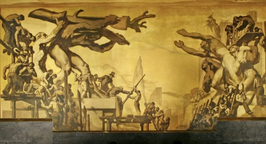 large mural-style painting of muscular workers constructing giant human figures against a golden industrial skyline
