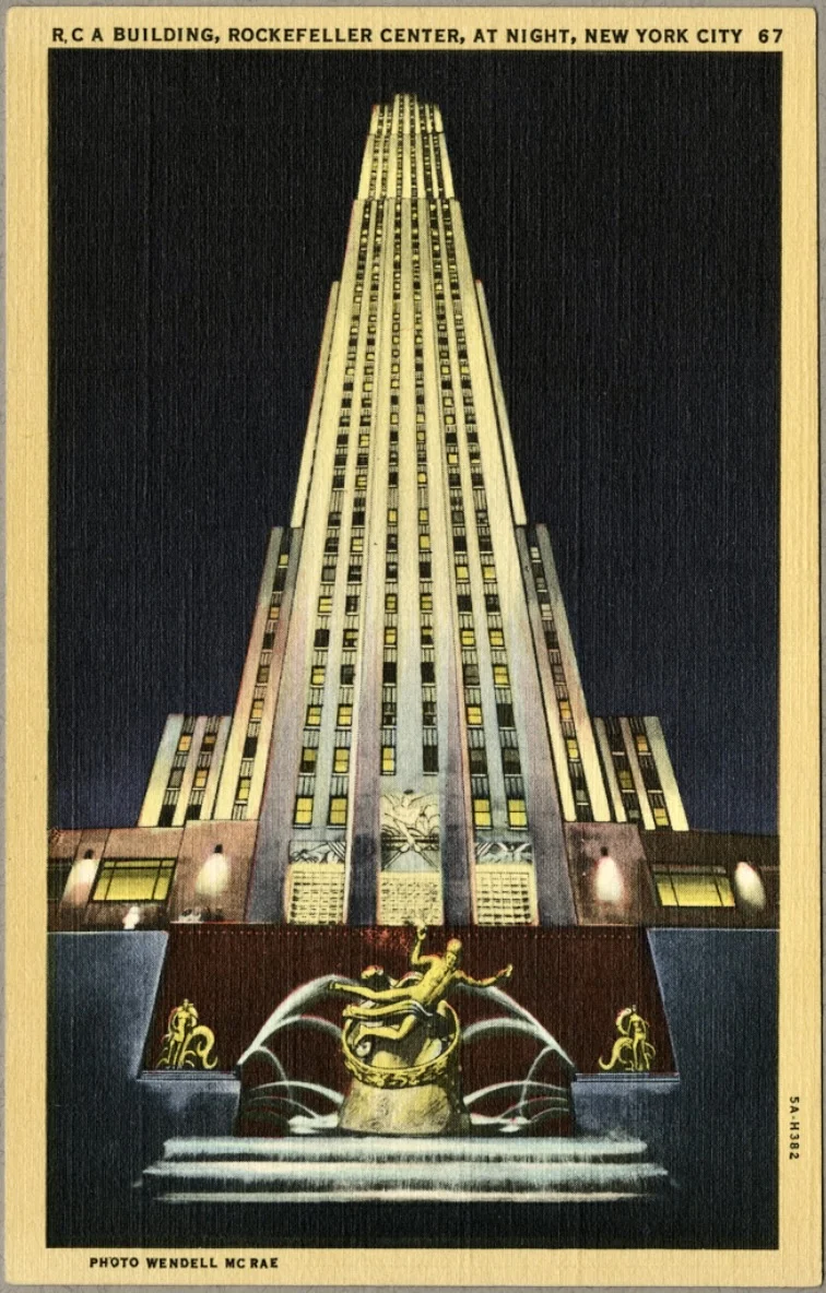 Vintage postcard illustration of the RCA Building at Rockefeller Center at night in New York City