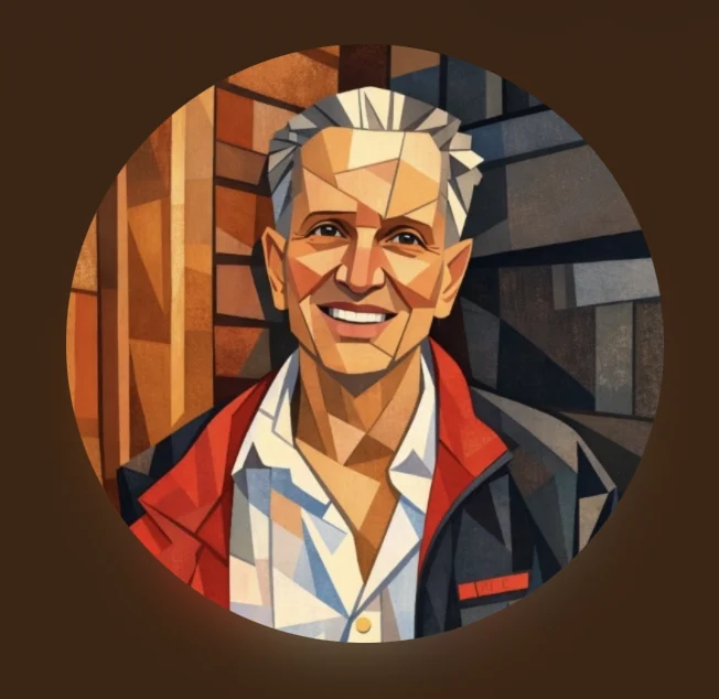 geometric illustration of an older man smiling in a red and black jacket
