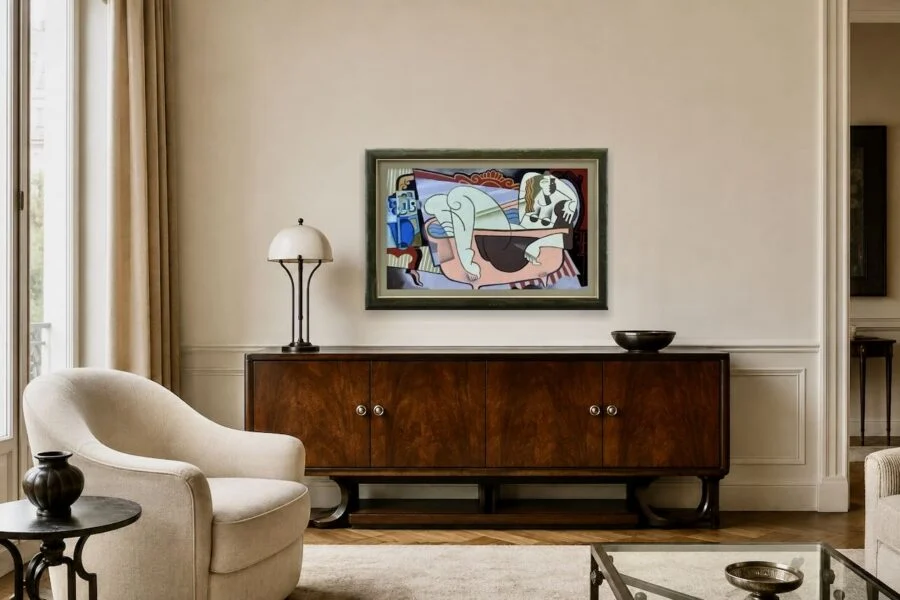 Modern living room with framed abstract painting above wooden sideboard