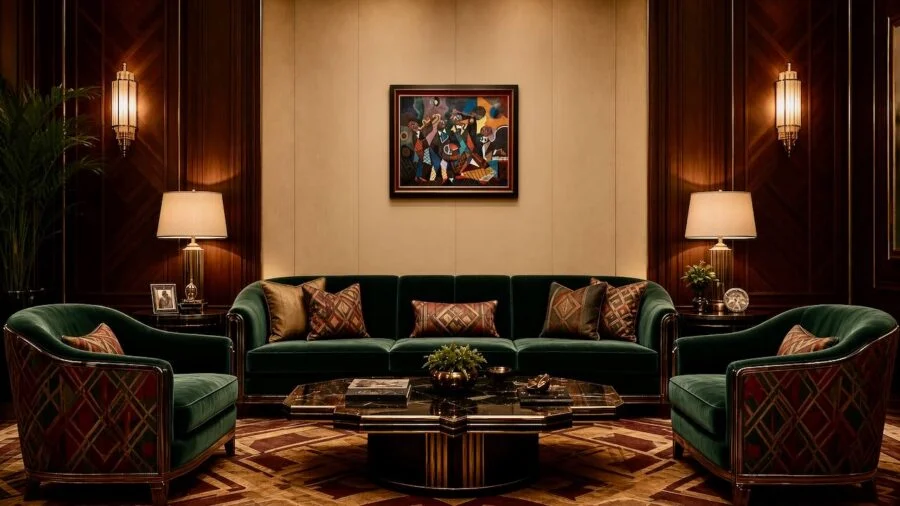Luxurious living room with green velvet sofas, art deco coffee table, and framed abstract painting on the wall