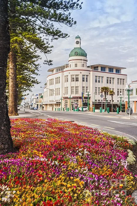 Colorful flower bed along a city street with a historic domed building in the background