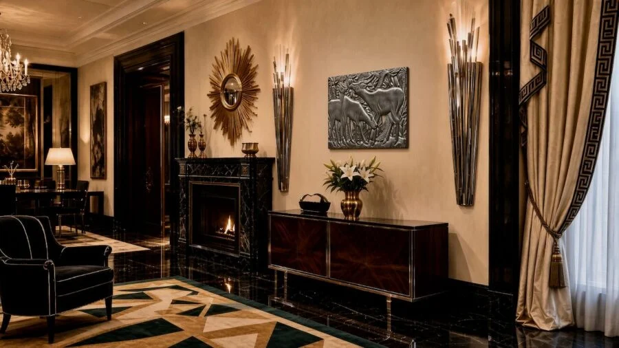 Luxurious living room interior with marble fireplace, gold sunburst mirror, wall sconces, and elegant decor