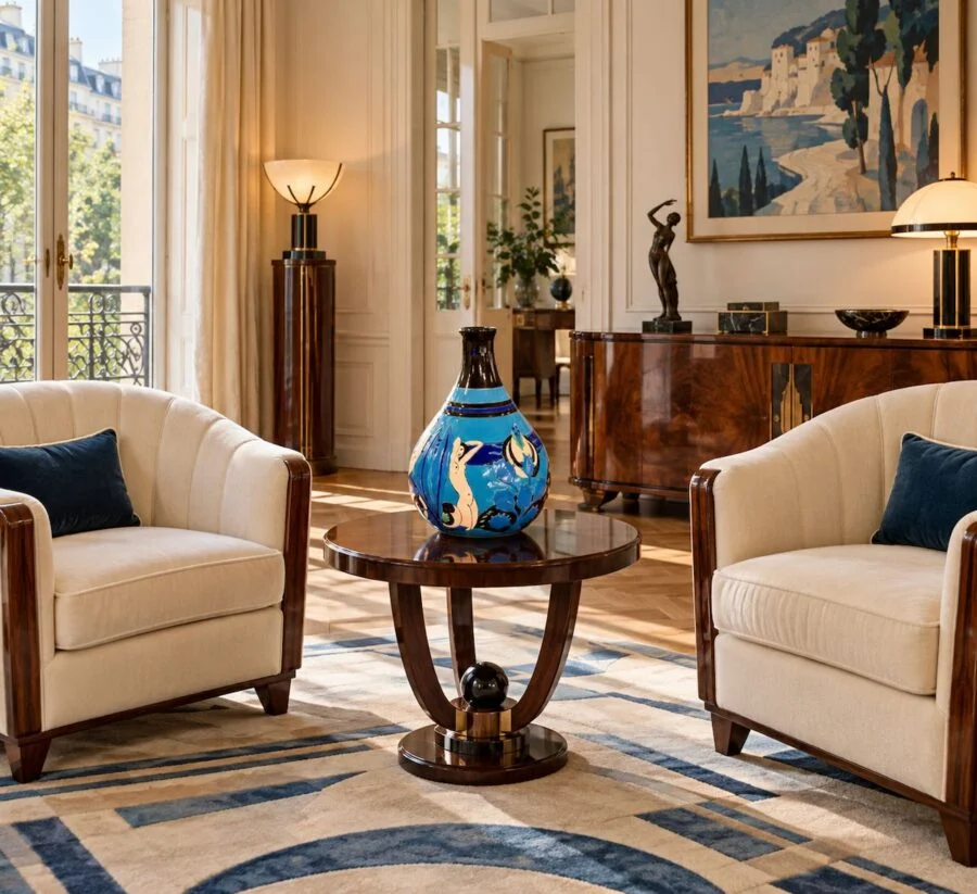 Elegant living room with art deco armchairs and a colorful blue vase on a round wooden coffee table