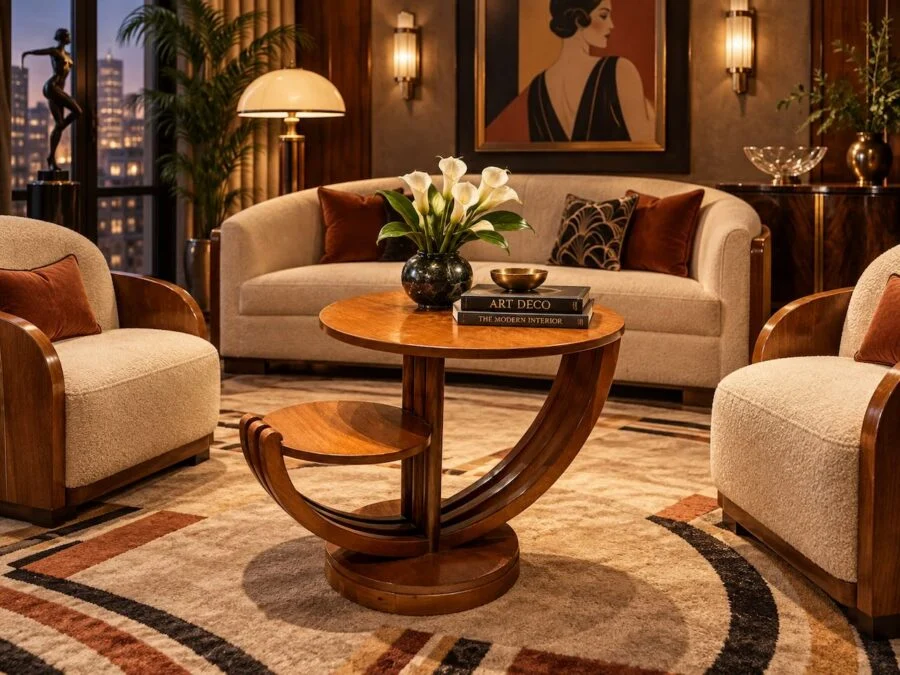 Art Deco style living room with curved wooden coffee table, cream armchairs, sofas, and city view at dusk