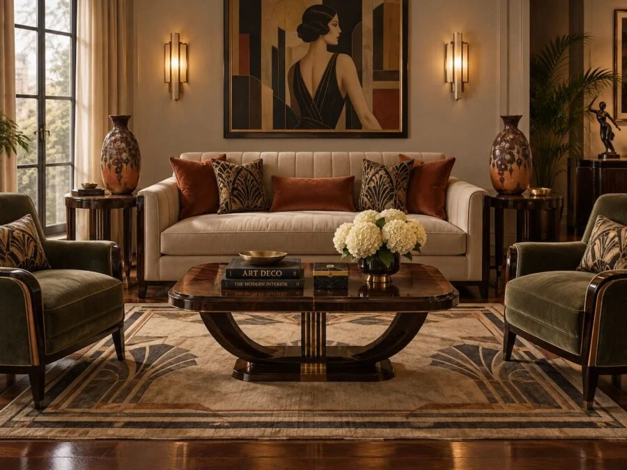Art Deco style living room with cream sofa, green armchairs, patterned rug, and large wall art