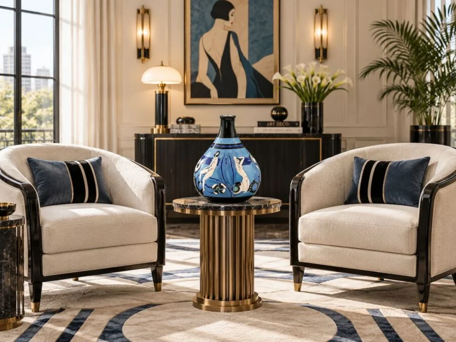 Art Deco living room with two cream armchairs and a blue decorative vase on a round pedestal table