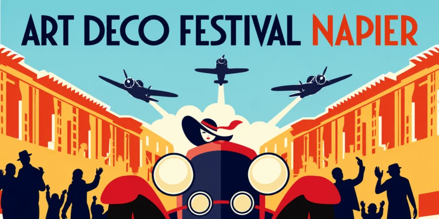 Art Deco Festival Napier poster with vintage car, planes and crowd