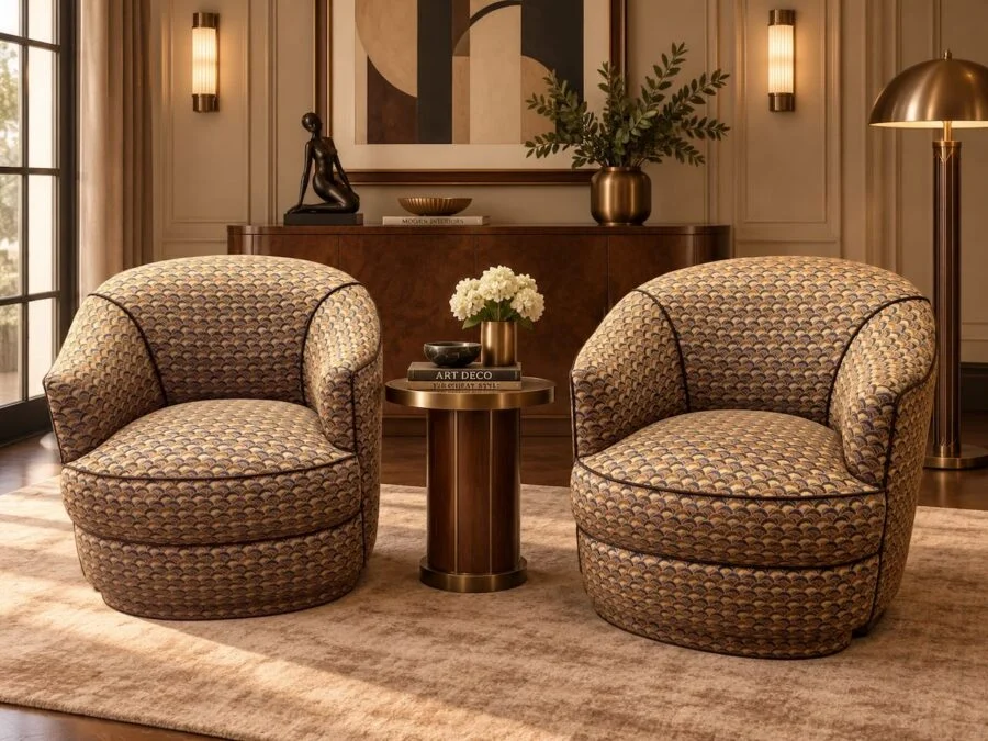 Two patterned swivel armchairs in a warm, art-deco inspired living room
