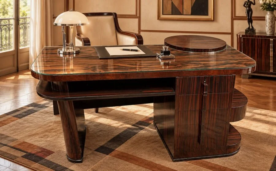 Art Deco wooden executive desk with glass top in a luxurious office
